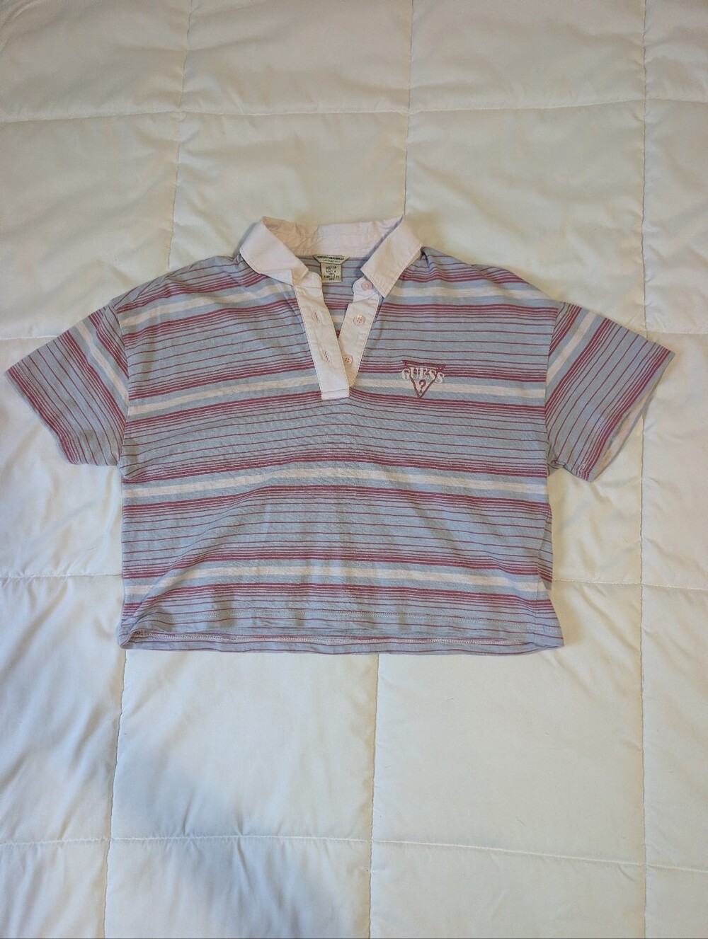 Y2K Inspired Guess Cropped Striped Polo Top in Pink, White & Light Blue XS